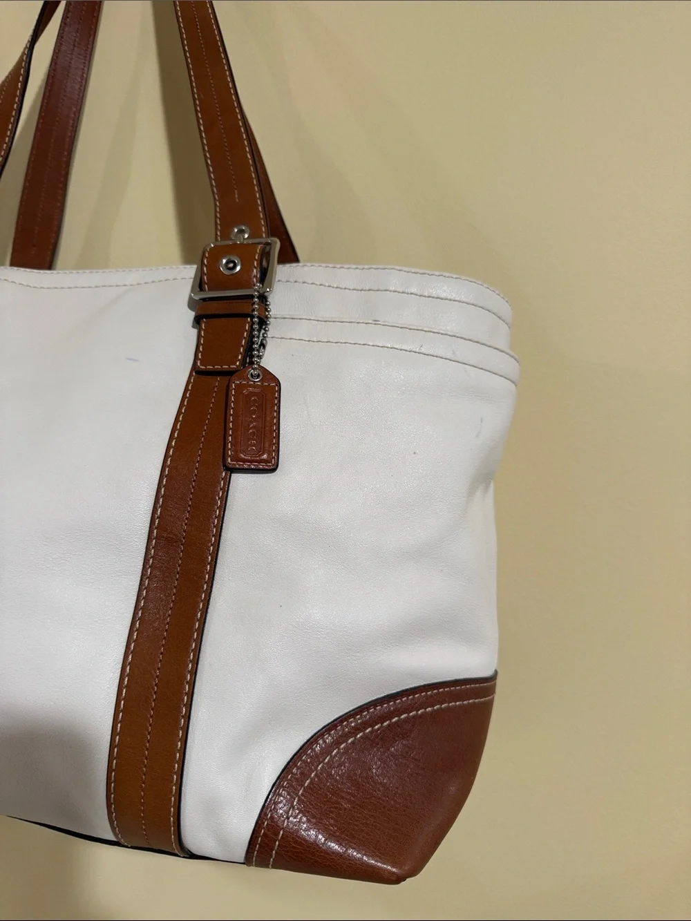Coach White Leather Tote with Brown Trim and Straps Moms,work, Business Handbag